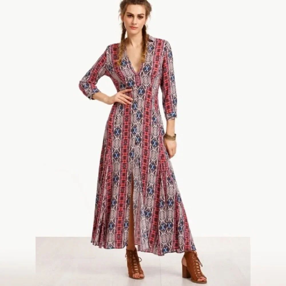 HP 12-25-16Multicolor V Neck Split Side Long Dress